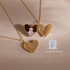 The Organic Heart Locket Necklace features a gold heart design with a dog photo and handwritten "I love you" inside—a perfect keepsake to cherish special memories.