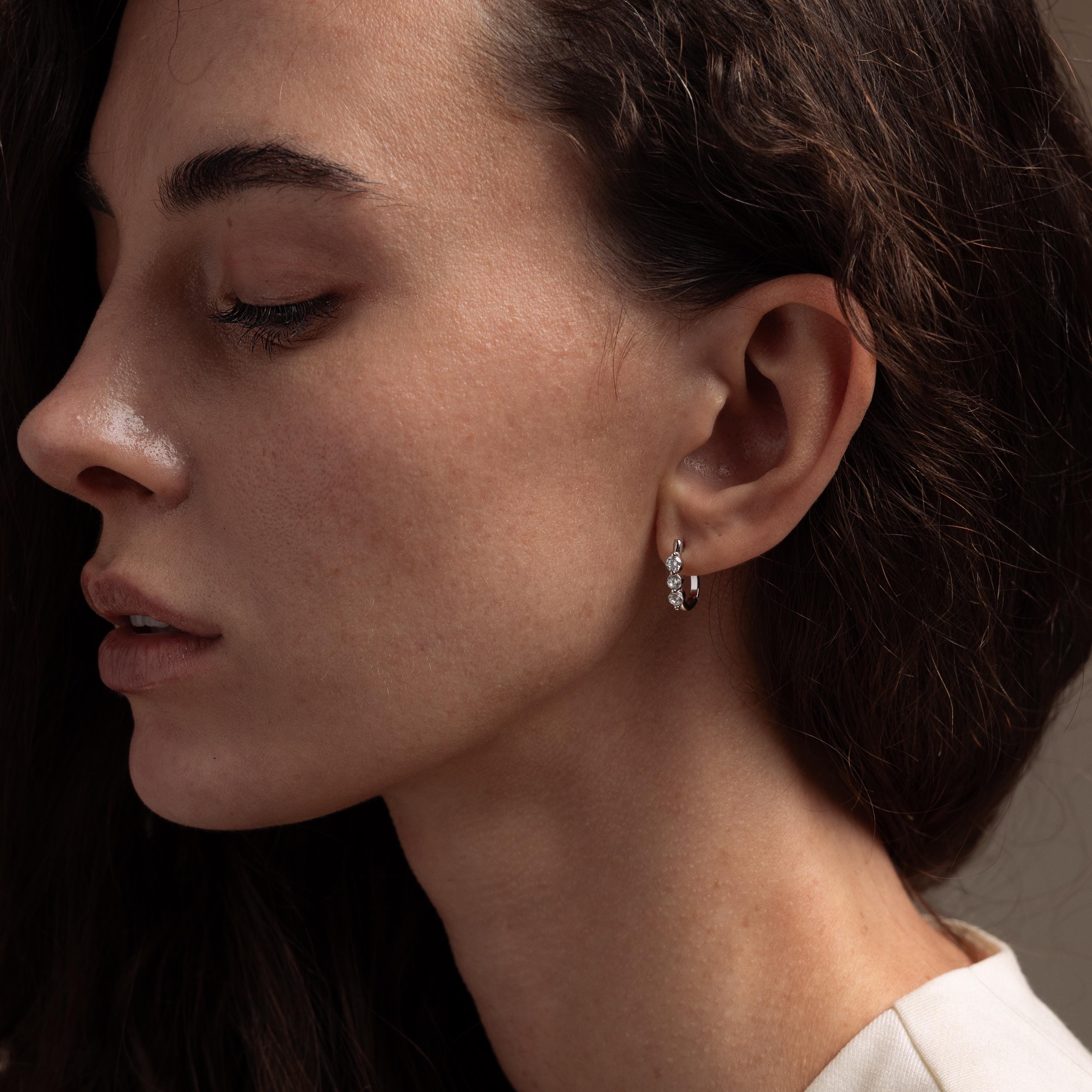 Model photo showcasing our Lace Diamond Hoops in Sterling Silver