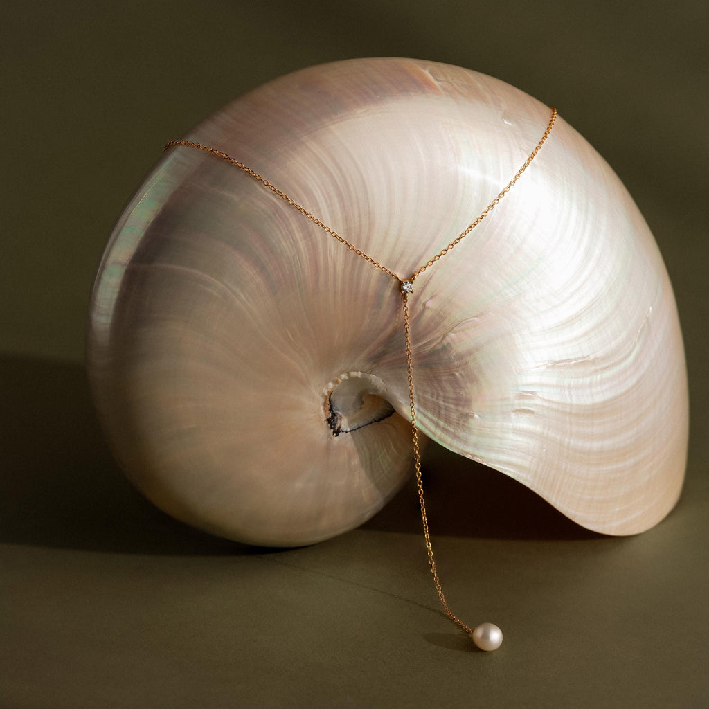 The Pearl Drop Lariat Necklace in 18K Gold, featuring a delicate vertical chain, drapes elegantly over a shiny spiral seashell against a neutral background.