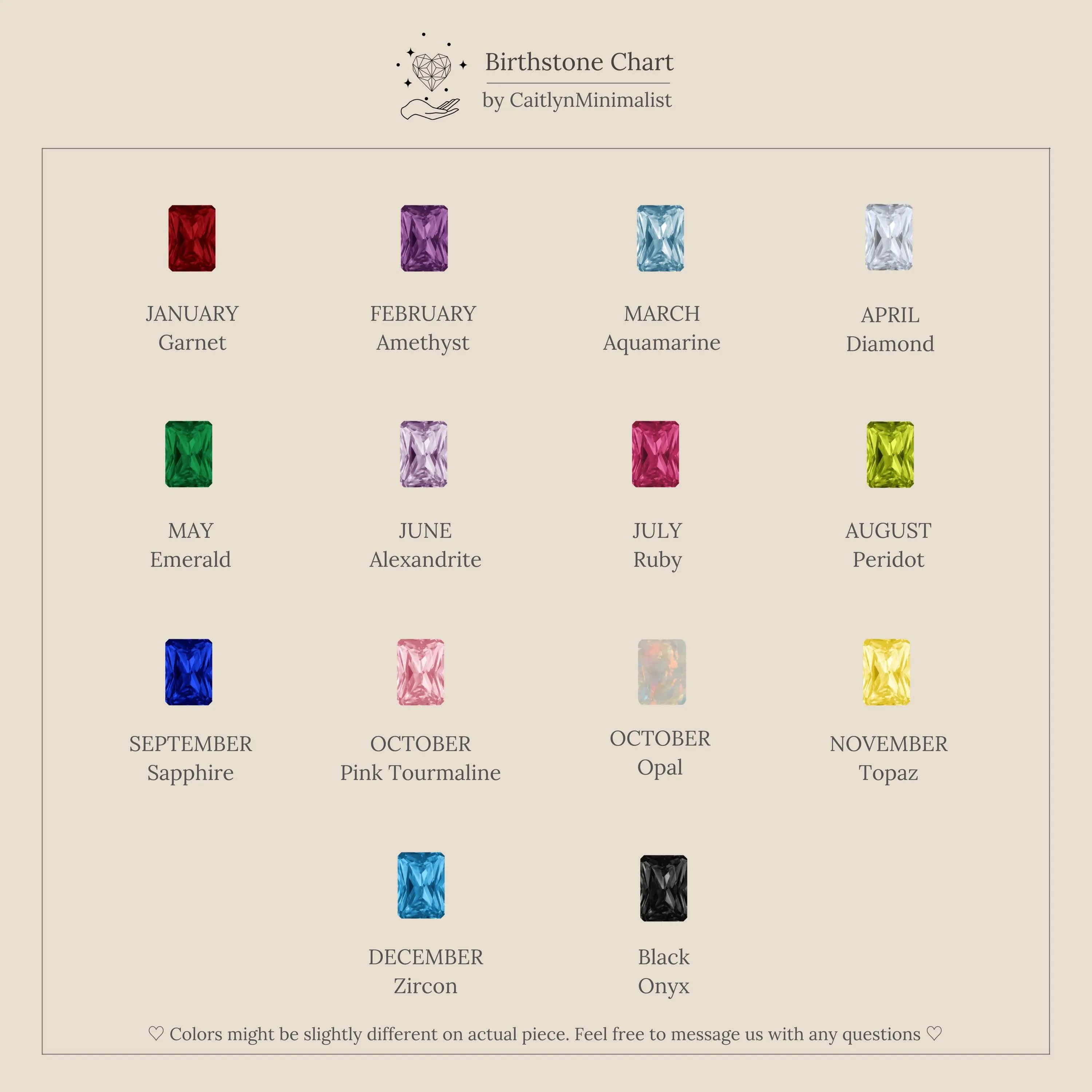 Discover our birthstone chart highlighting each month's gemstone—ideal for selecting a Toi et Moi Dome Ring featuring garnet, amethyst, aquamarine, diamond, emerald, ruby, and more.