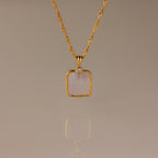 Elegant Square Mother of Pearl Necklace in 18K Gold featuring a twisted chain, a white stone pendant, and a small round gem accent.