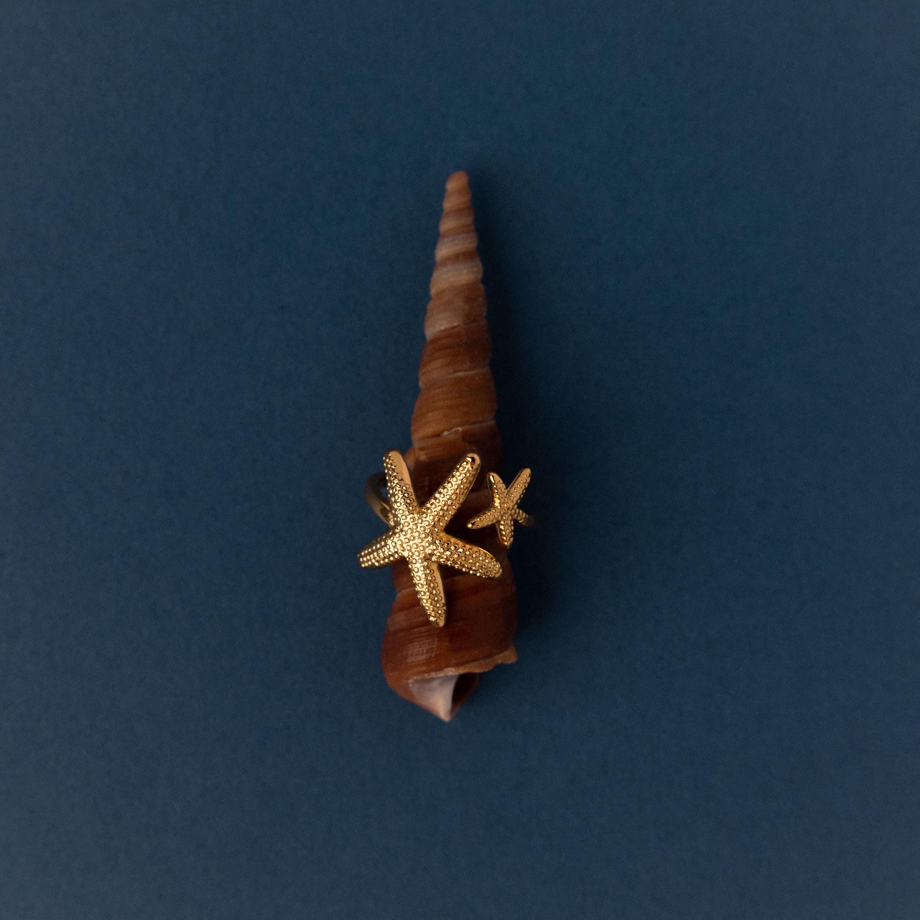 The Open Duo Starfish Ring, paired with a brown spiral seashell, creates coastal-inspired statement jewelry against a dark blue background.