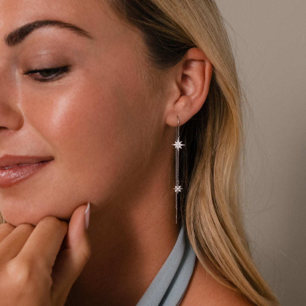 Pave Star Threader Earrings in Silver