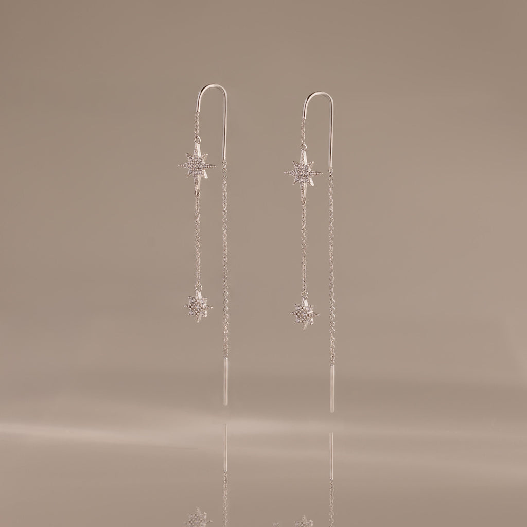 Pave Star Threader Earrings in Silver
