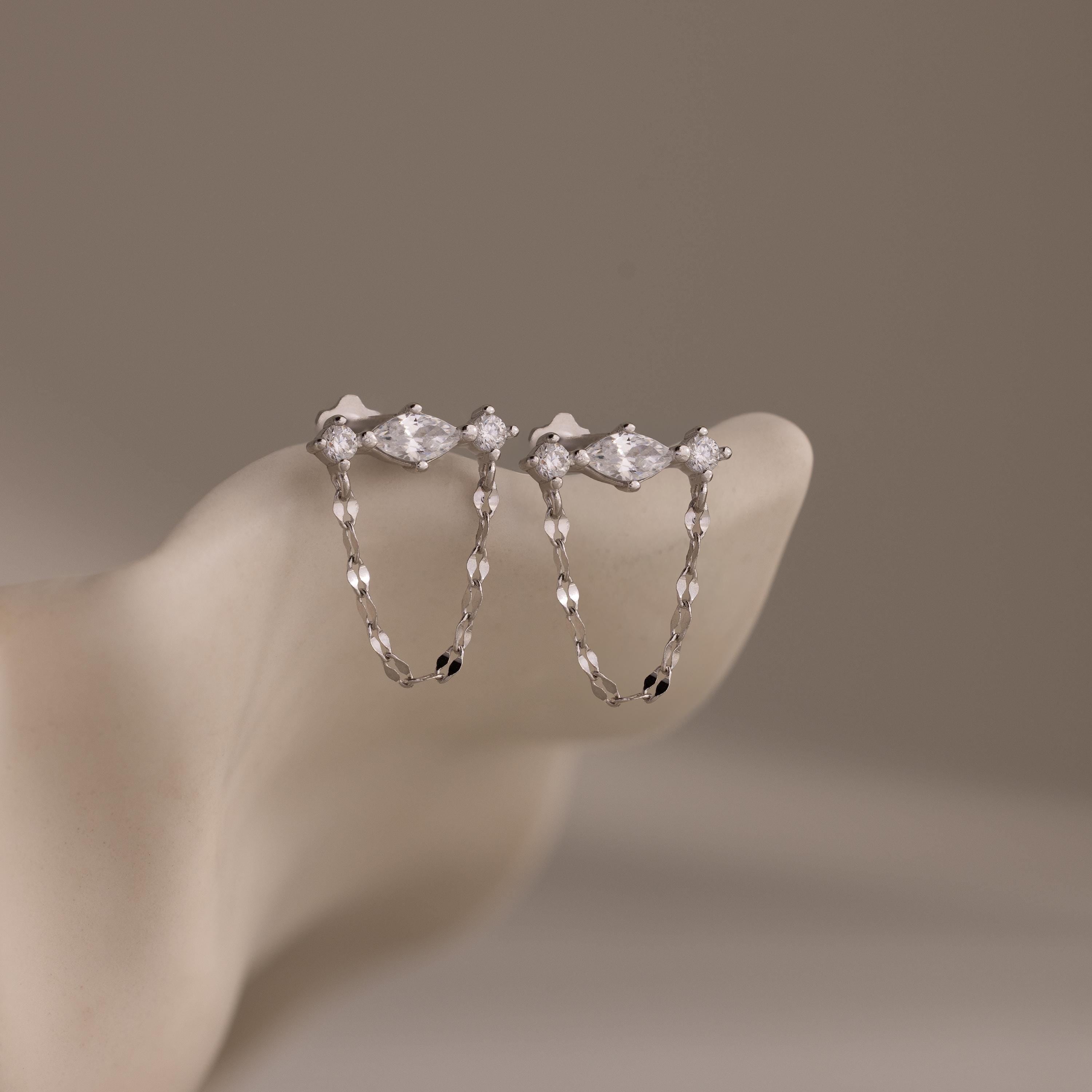 Diamond Marquise Chain Flat Back Studs in Silver