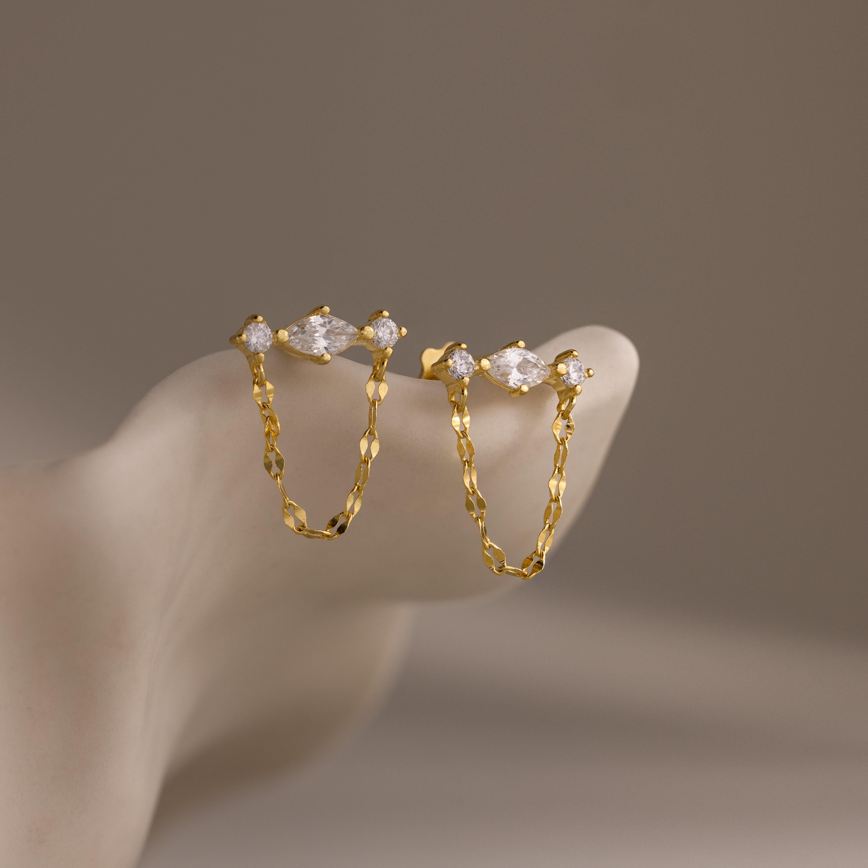 Diamond Marquise Chain Flat Back Studs in 18K Gold
