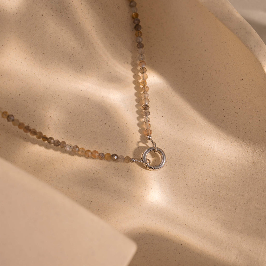 Sunstone Beaded Charm Necklace in Silver