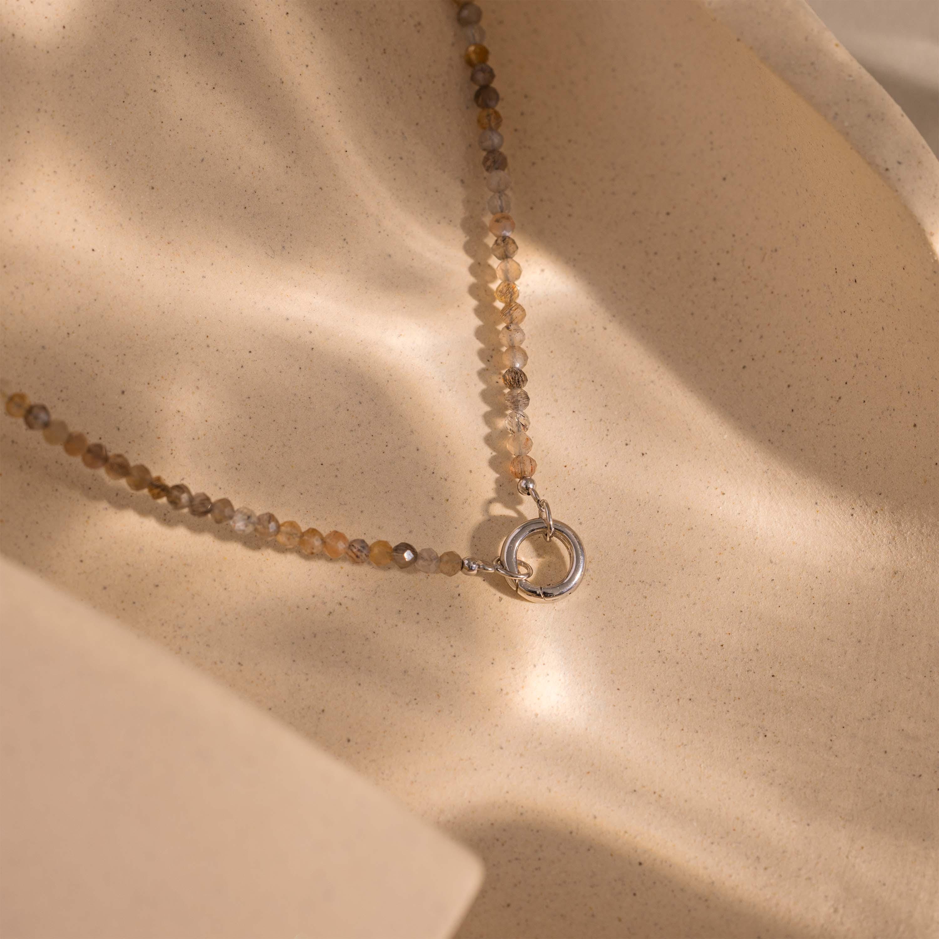 Sunstone Beaded Charm Necklace in Silver