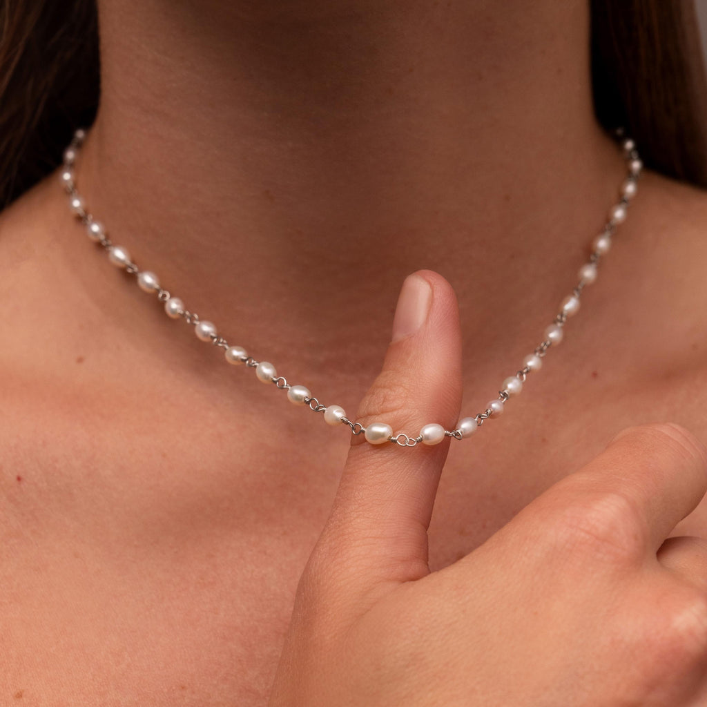Aurora Pearl Station Necklace in Silver
