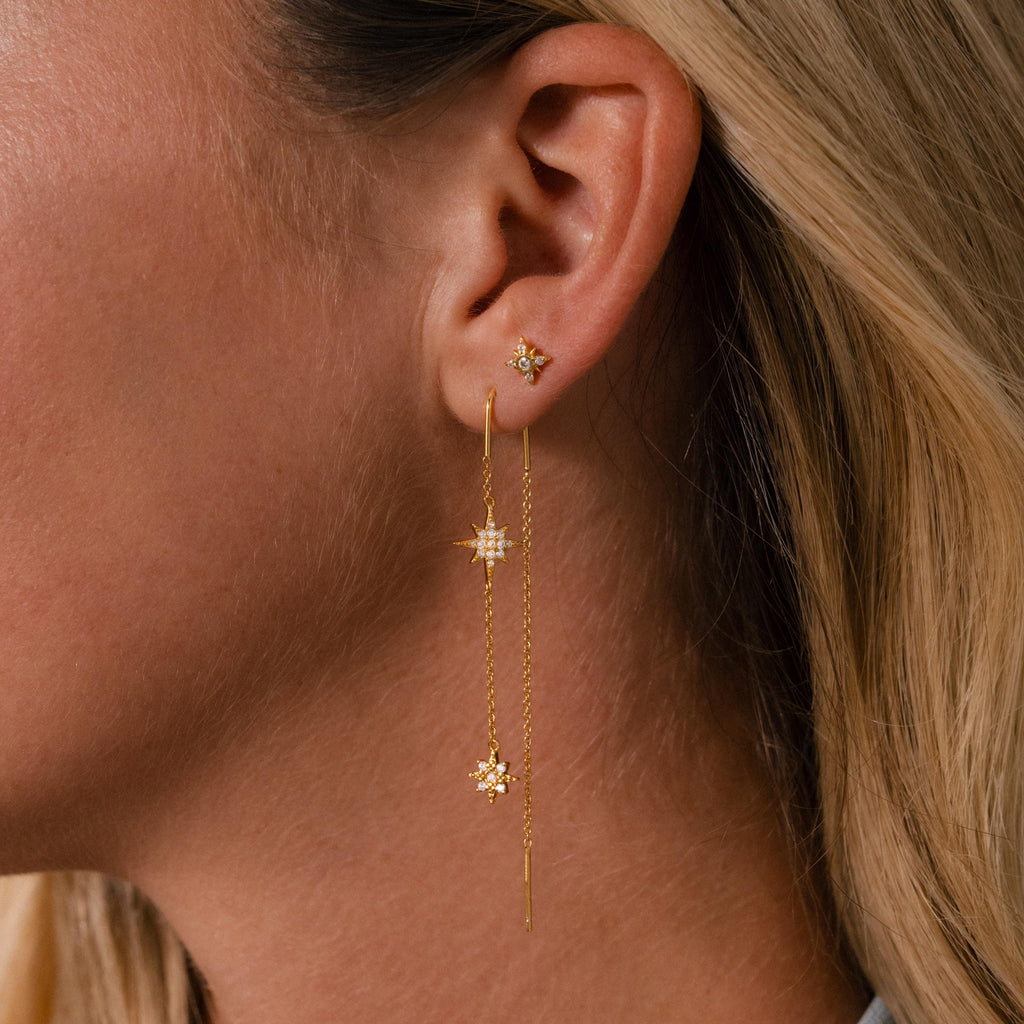 Pave Star Threader Earrings in 18K Gold