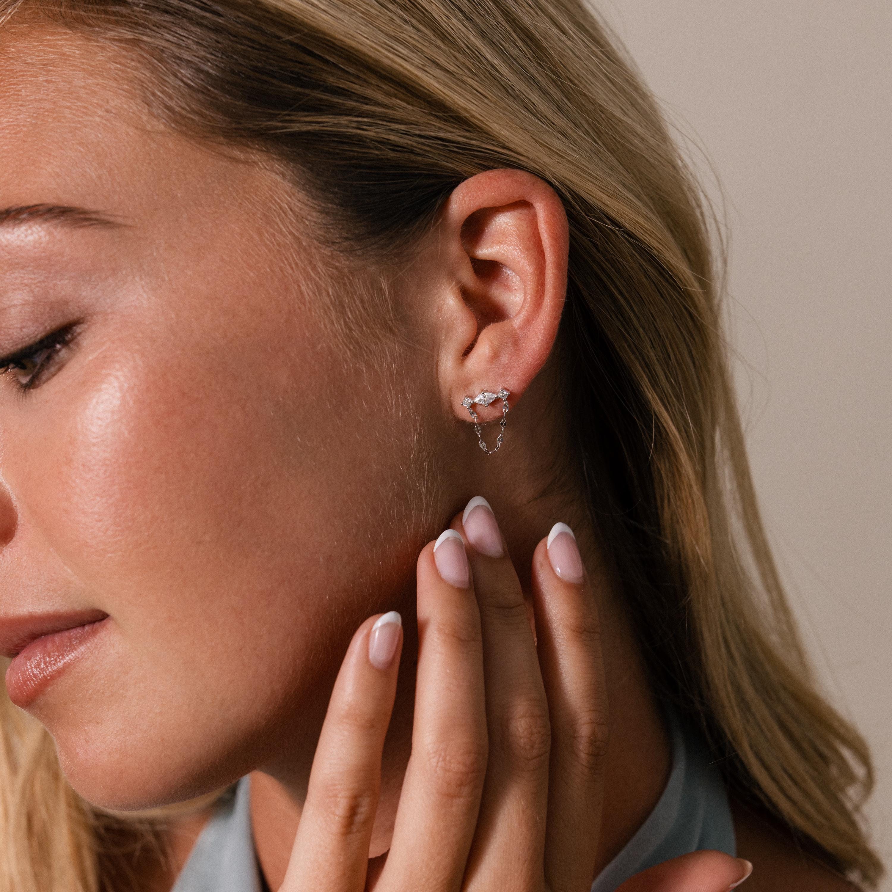 Diamond Marquise Chain Flat Back Studs in Silver