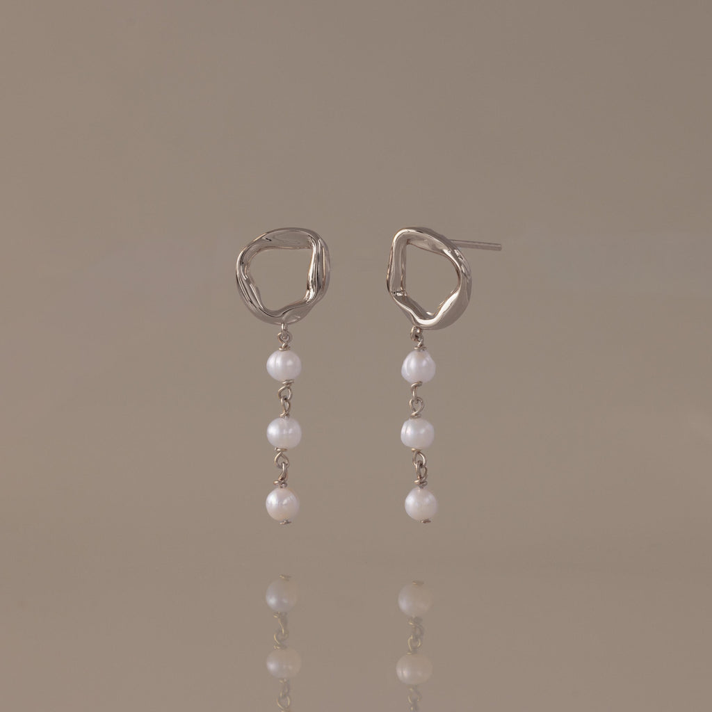 Abstract Pearl Trio Drop Earrings in Silver