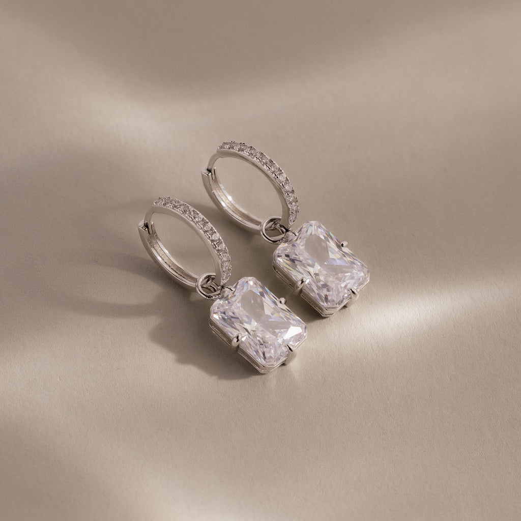 Luxe Diamond Drop Hoops in Silver