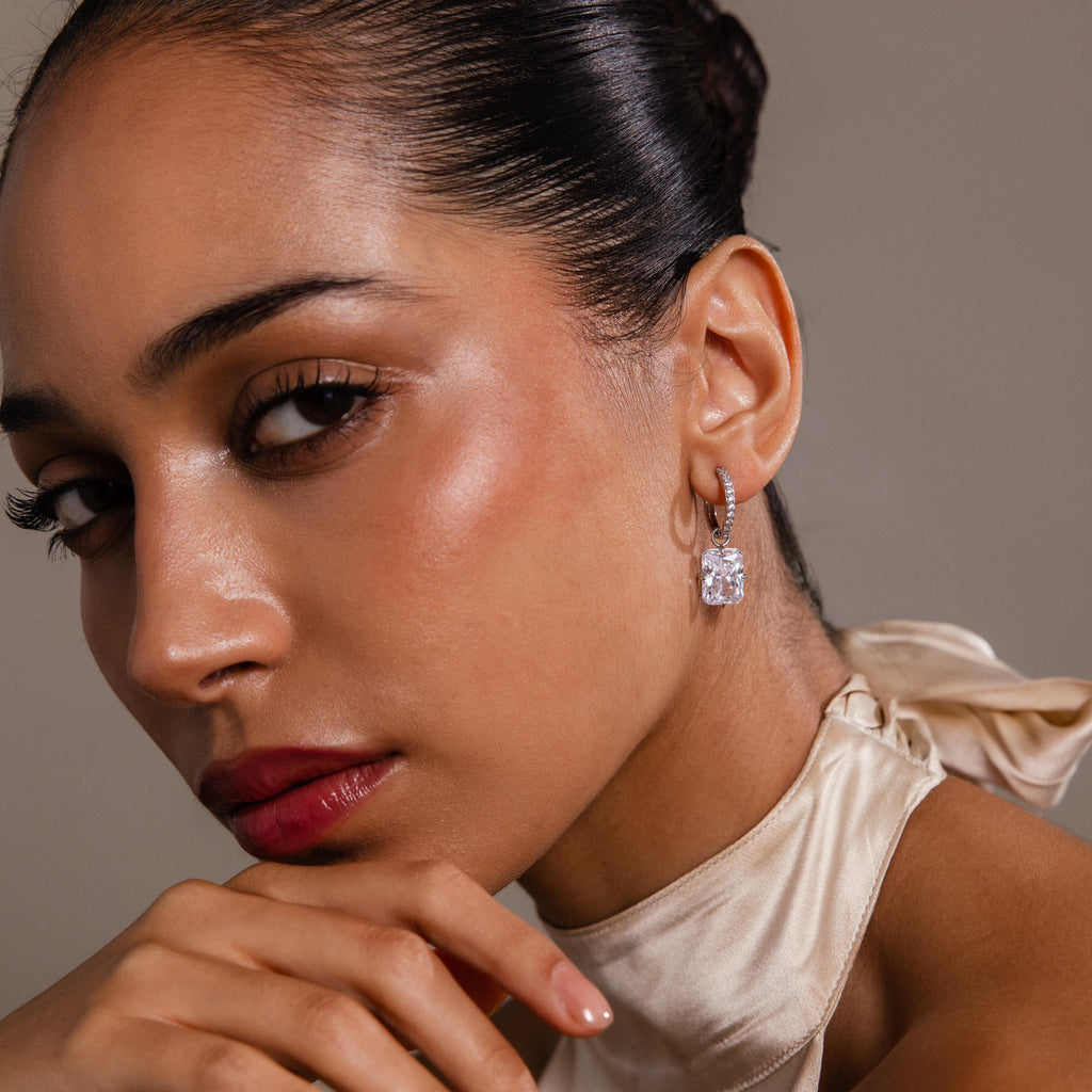 Luxe Diamond Drop Hoops in Silver
