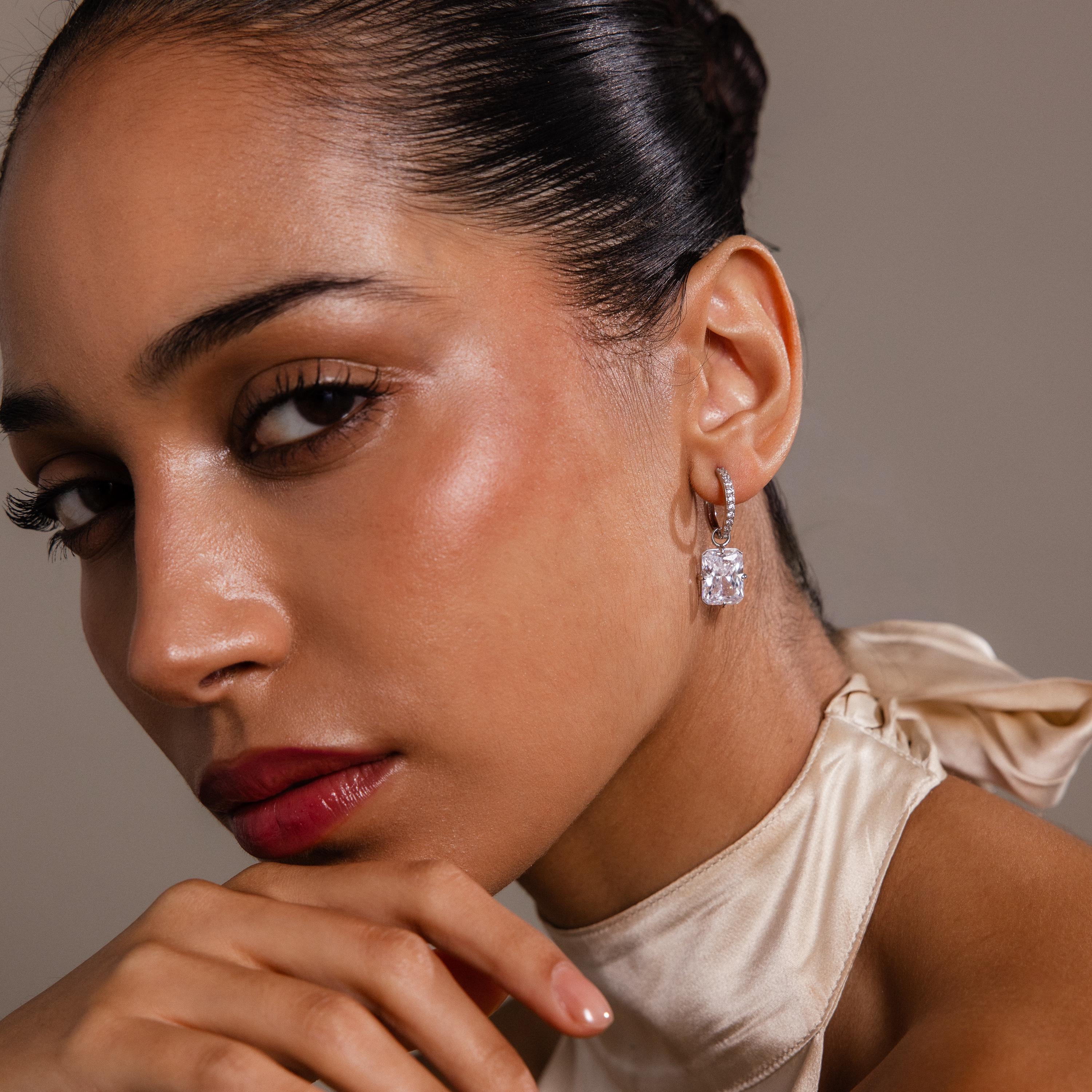 Luxe Diamond Drop Hoops in Silver