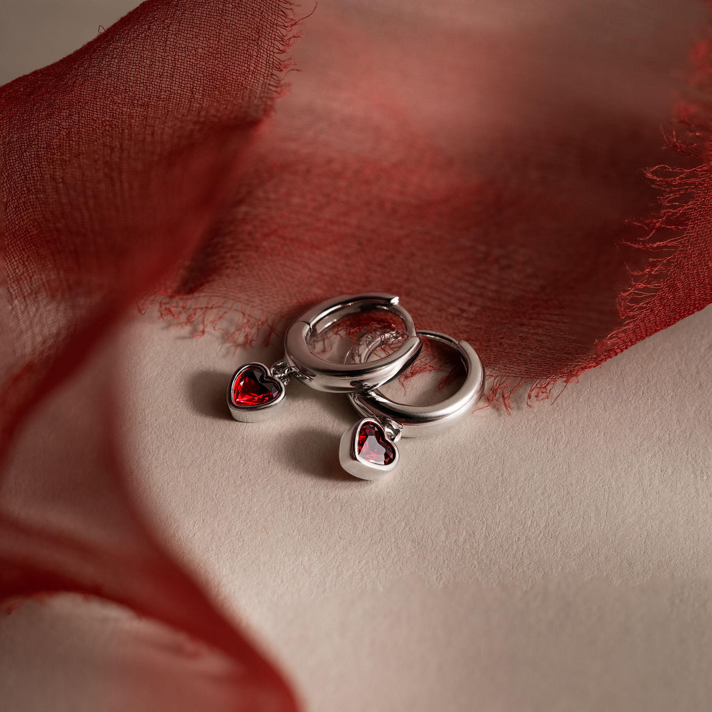 Dangling Garnet Heart Huggies