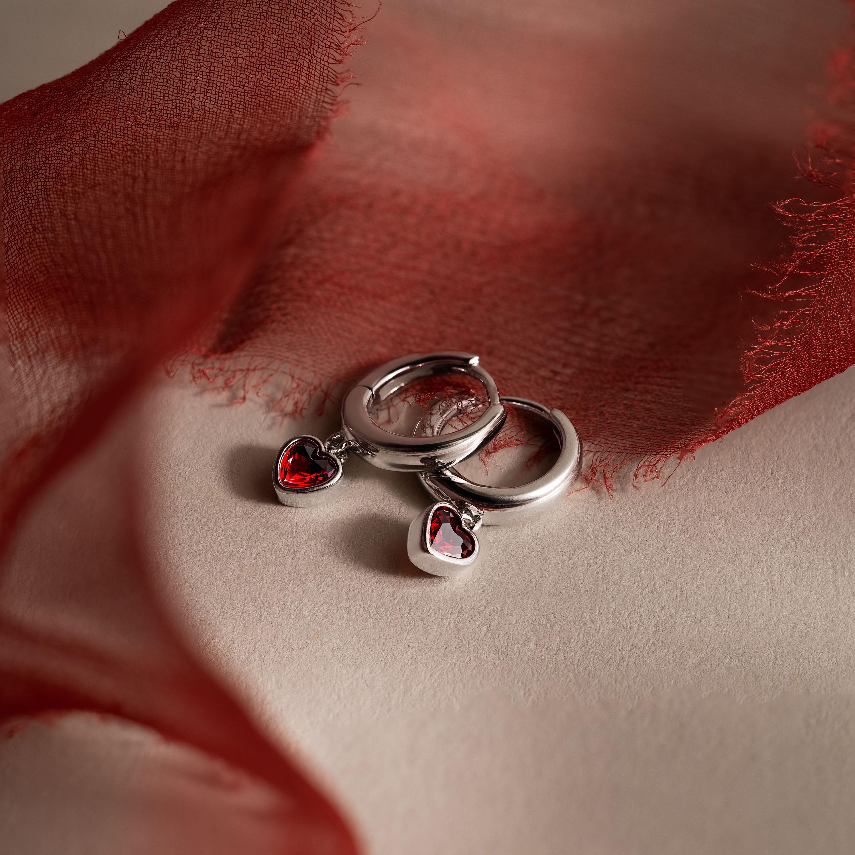 Dangling Garnet Heart Huggies