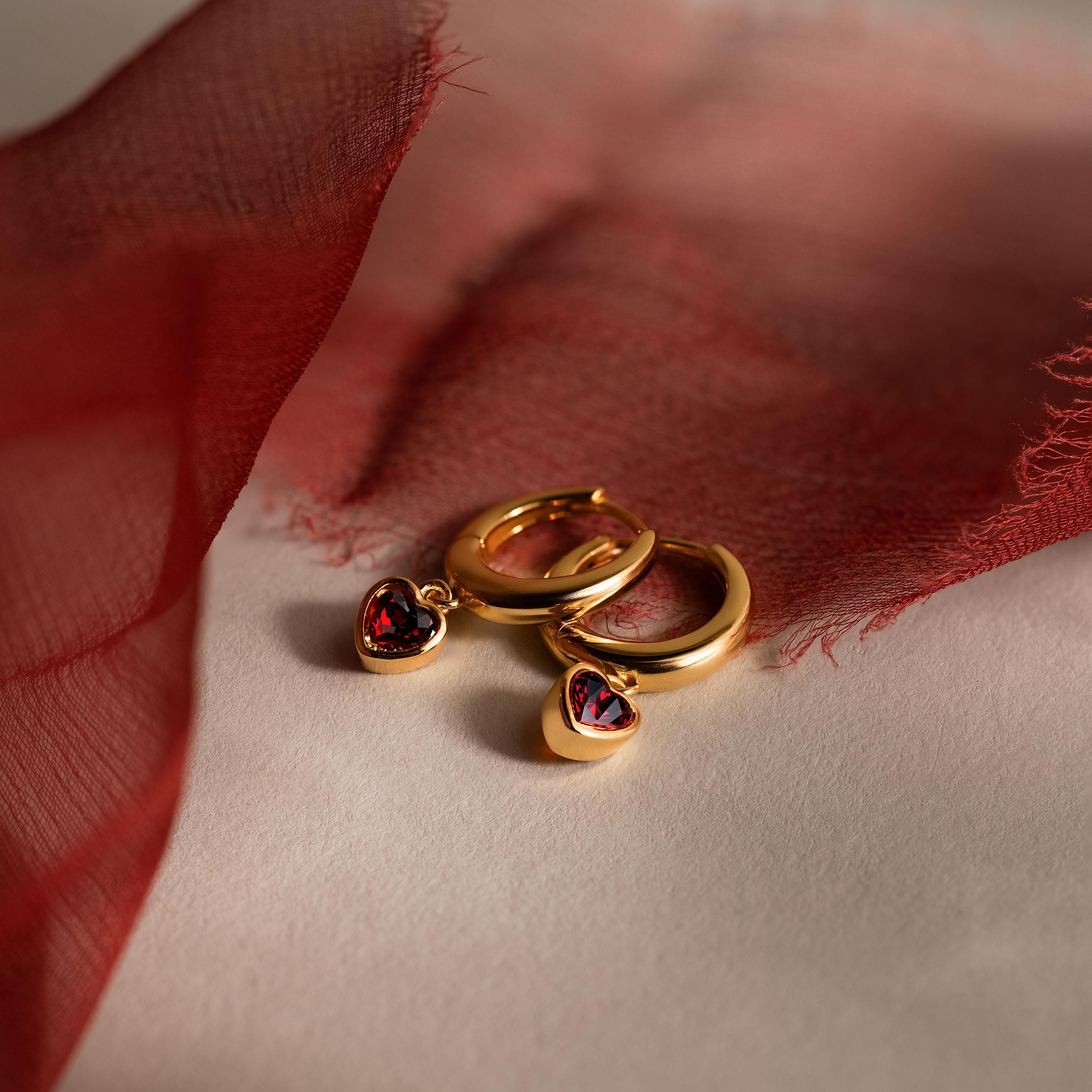 Dangling Garnet Heart Huggies in 18K Gold