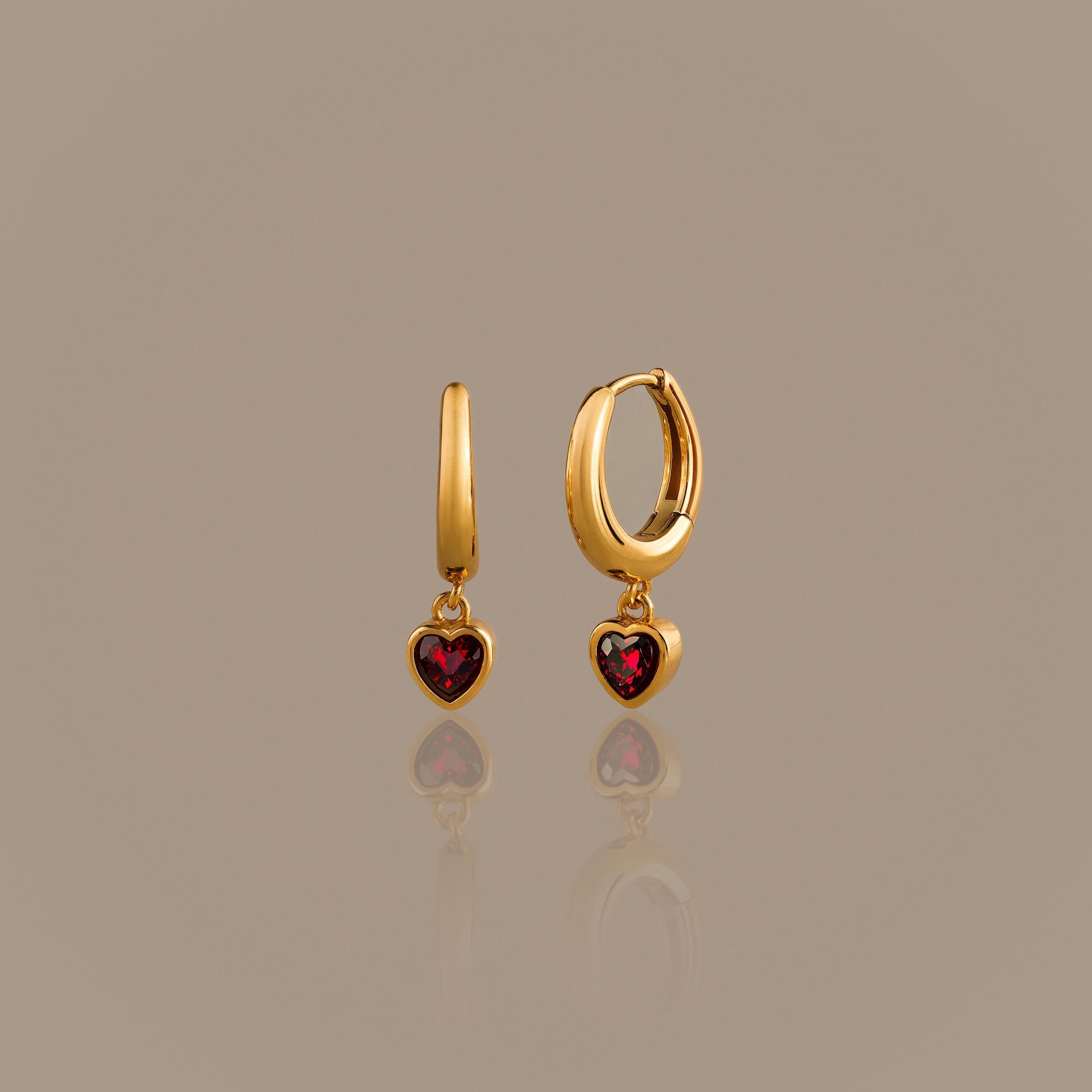 Dangling Garnet Heart Huggies