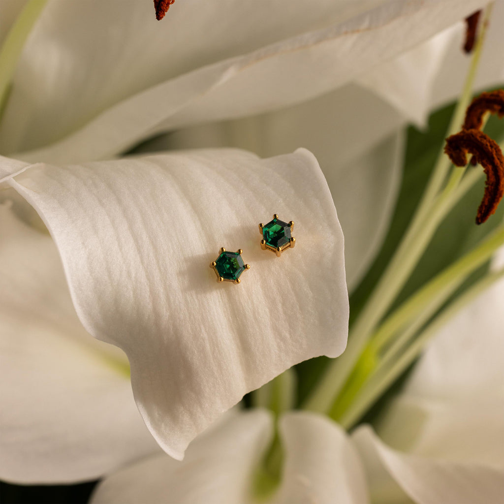 Hexagon Emerald Studs