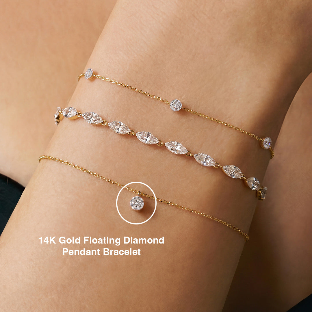 14K Gold Floating Diamond Pendant Bracelet