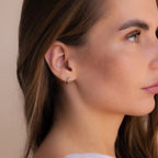 Close-up of a woman wearing our Garden Green Opal Huggies with a neutral background