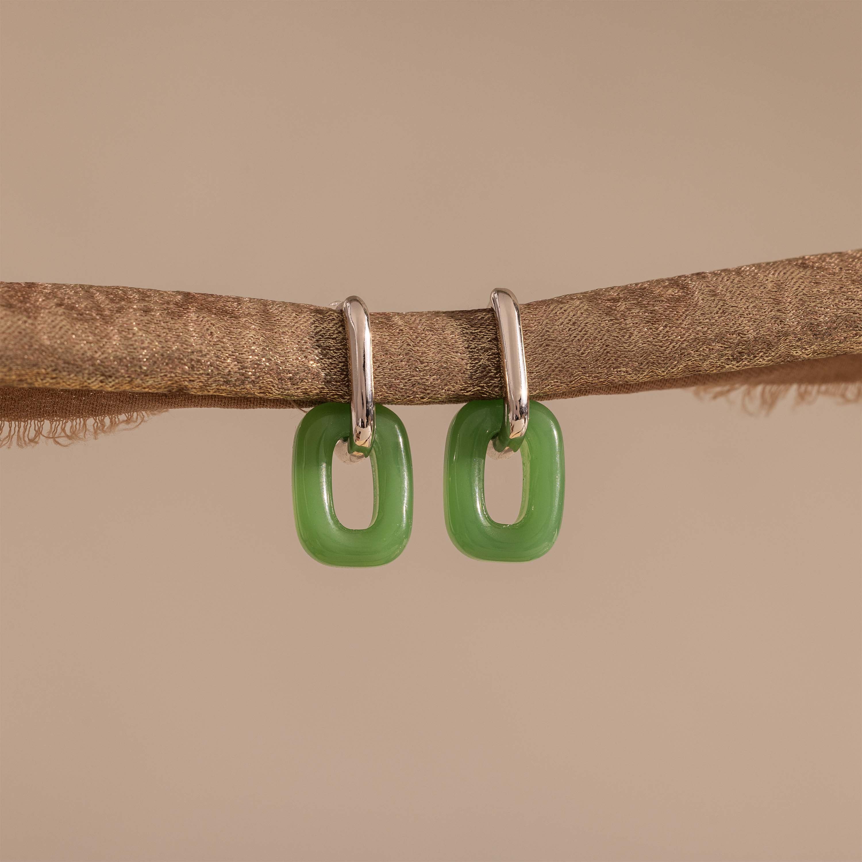 Jade Link Drop Hoops in Silver