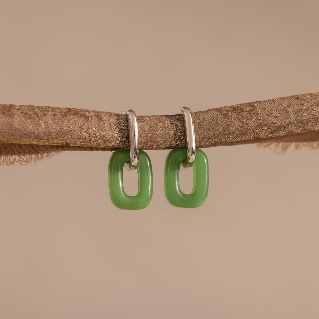 Jade Link Drop Hoops: Modern silver hoops with sleek, rectangular green jade links.