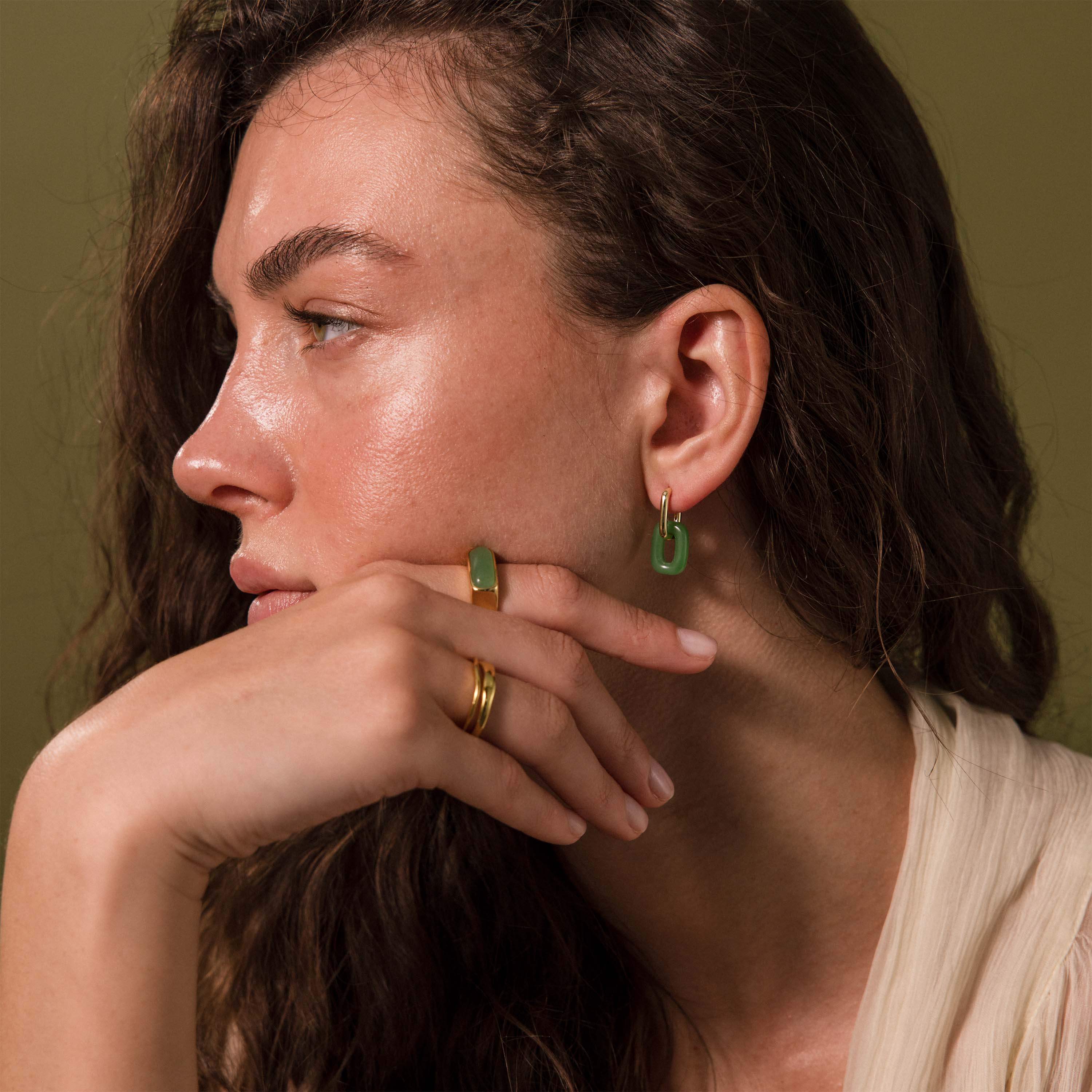 Jade Link Drop Hoops in 18K Gold