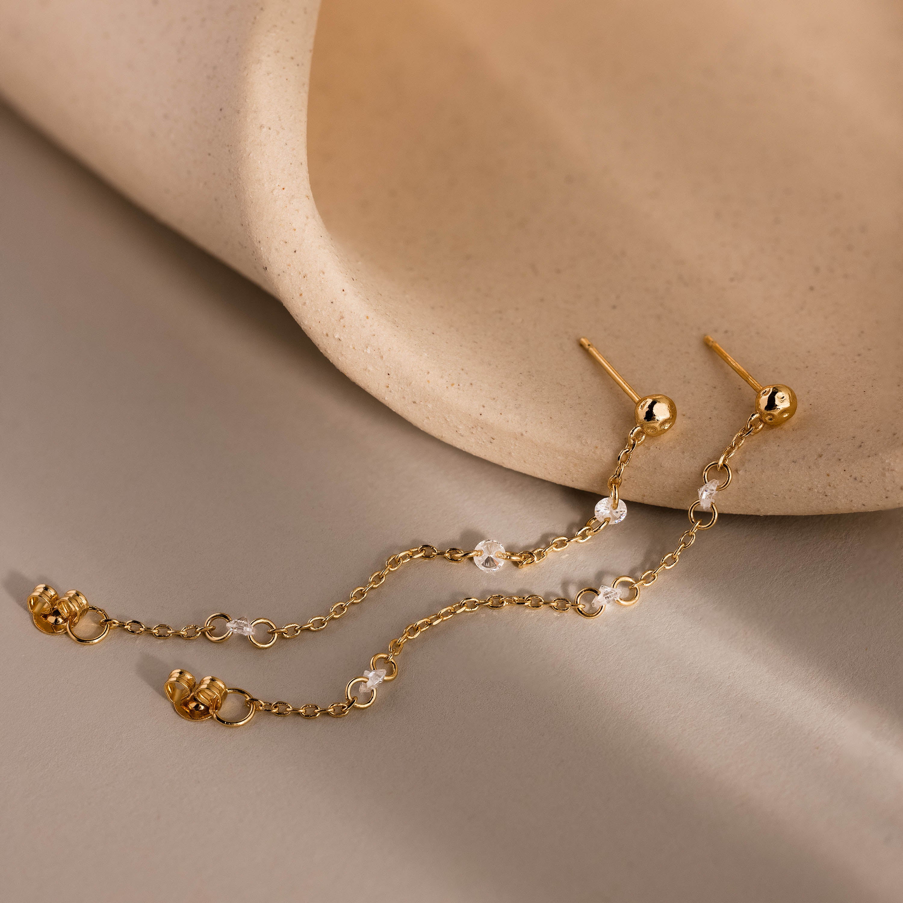 Crystal Chain Drop Studs in 18K Gold
