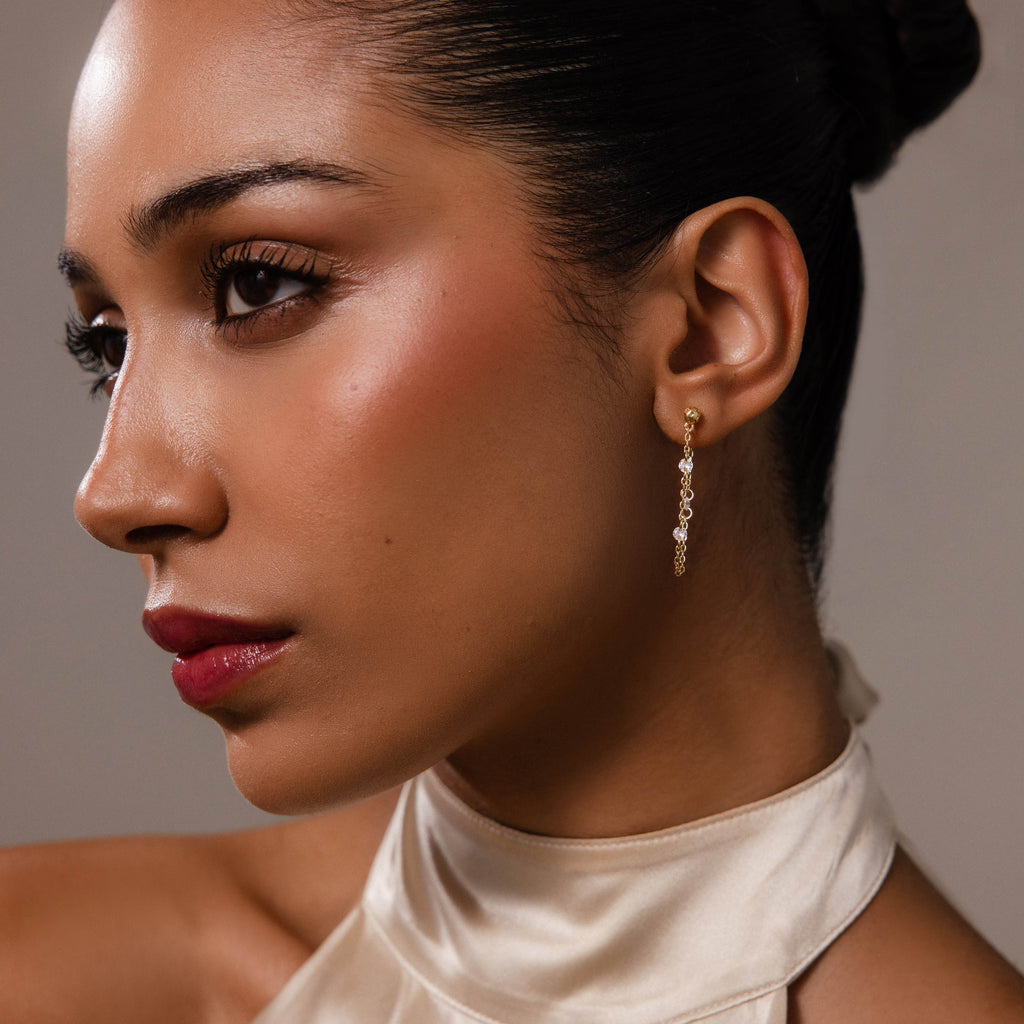 Crystal Chain Drop Studs in 18K Gold