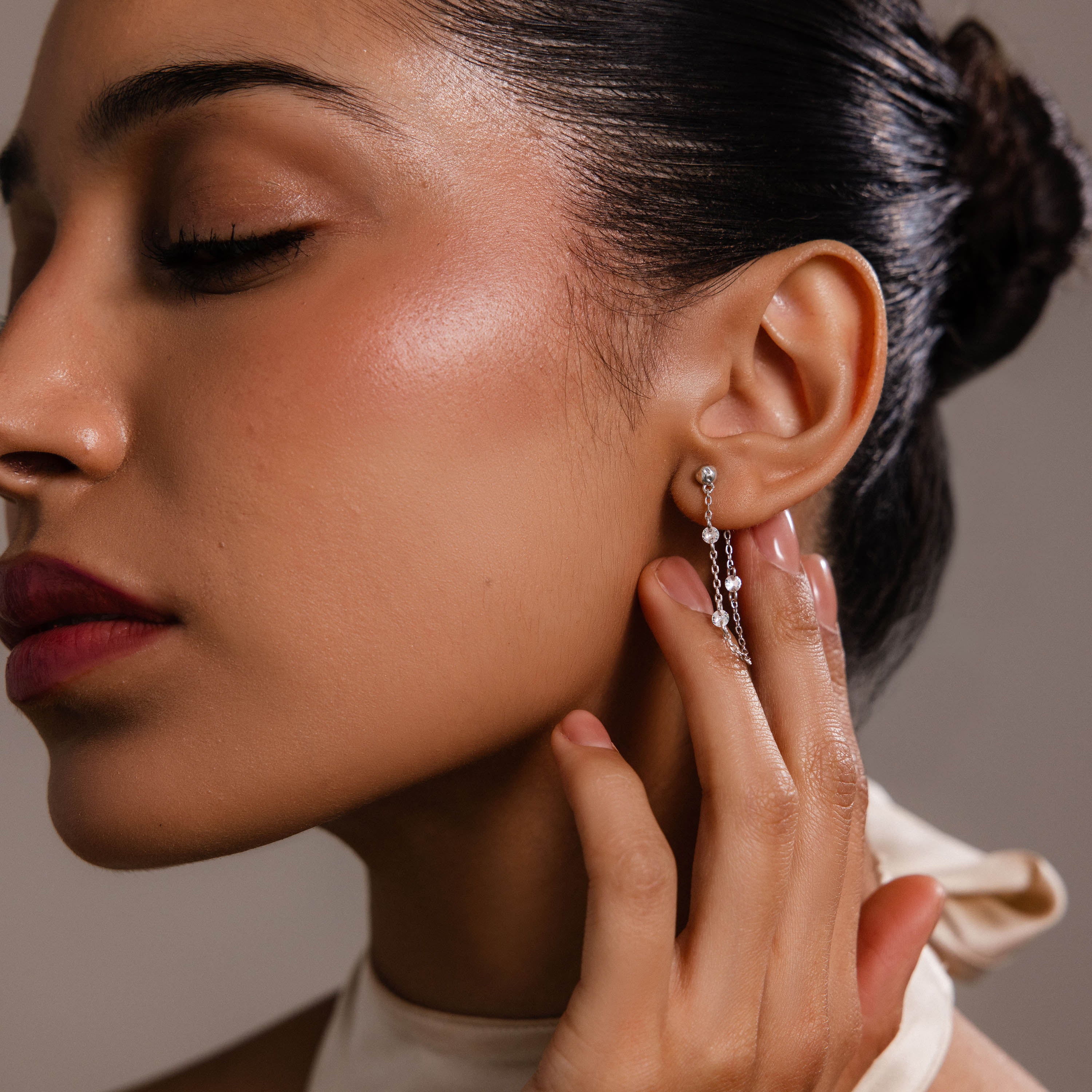 Crystal Chain Drop Studs in Silver