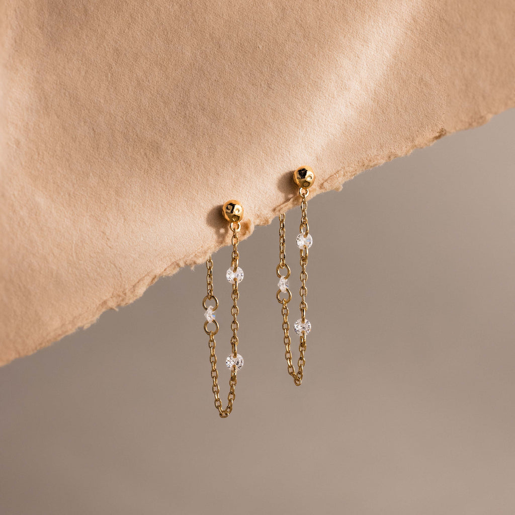 Crystal Chain Drop Studs in 18K Gold