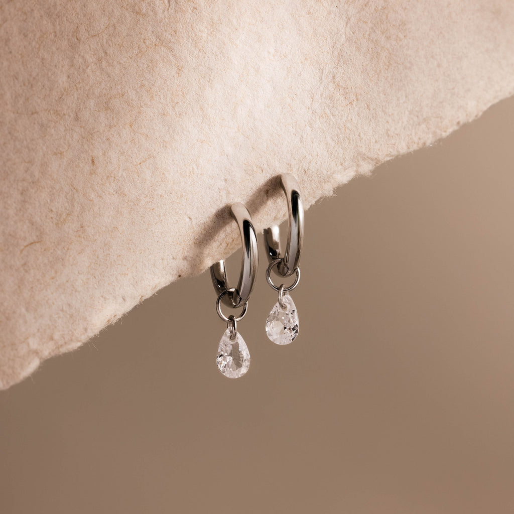 Diamond Raindrop Huggies in Silver