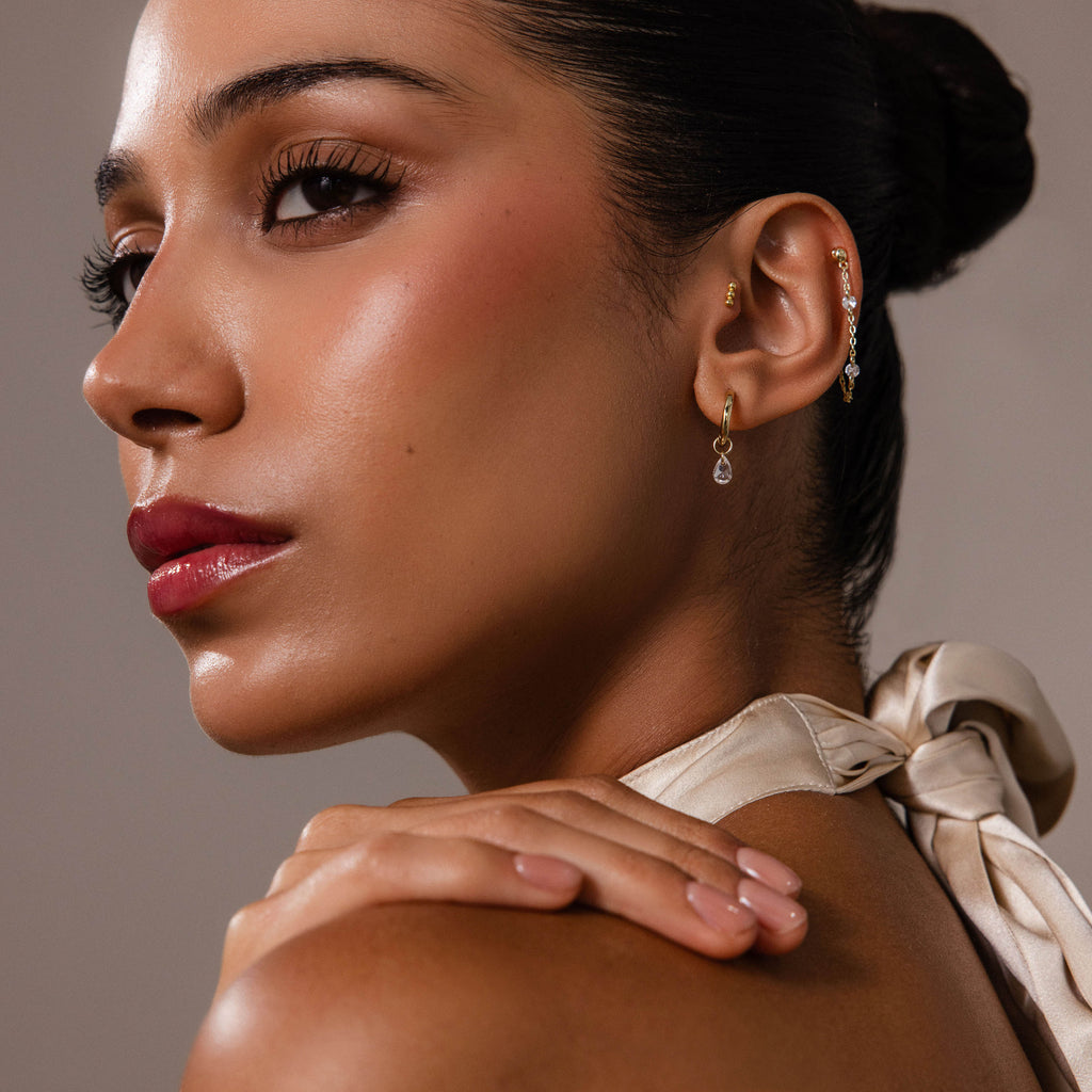 Crystal Chain Drop Studs in 18K Gold