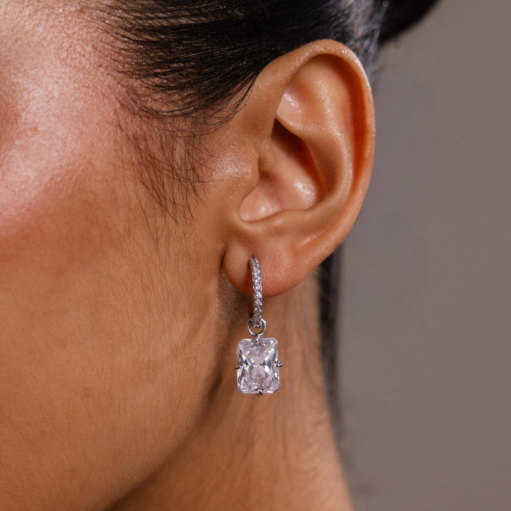 Luxe Diamond Drop Hoops in Silver