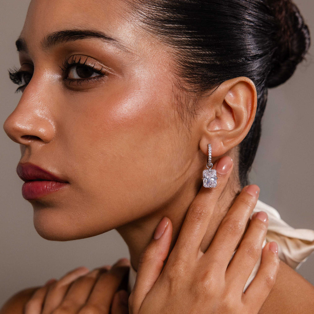 Luxe Diamond Drop Hoops in Silver