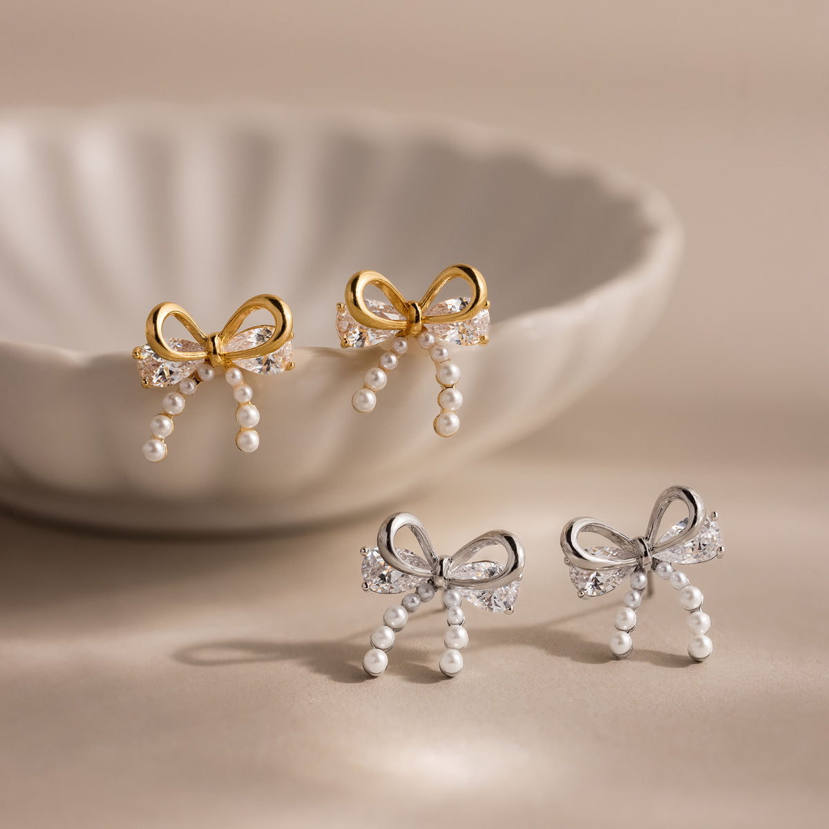 Pearl Diamond Bow Studs