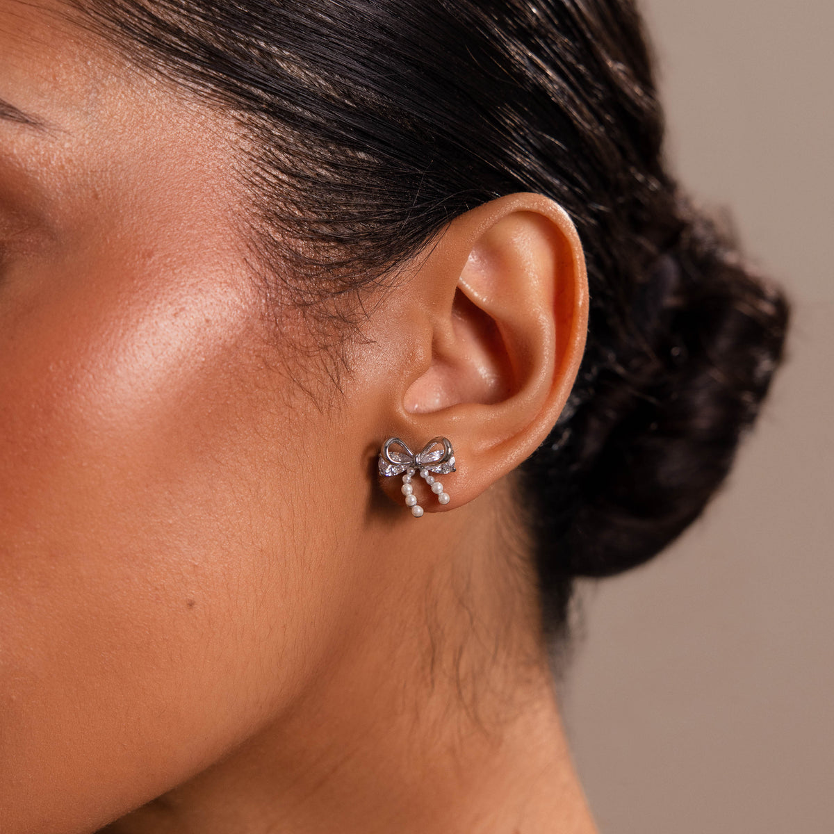 Pearl Diamond Bow Studs in Silver