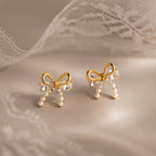 Pearl Diamond Bow Studs in 18K Gold
