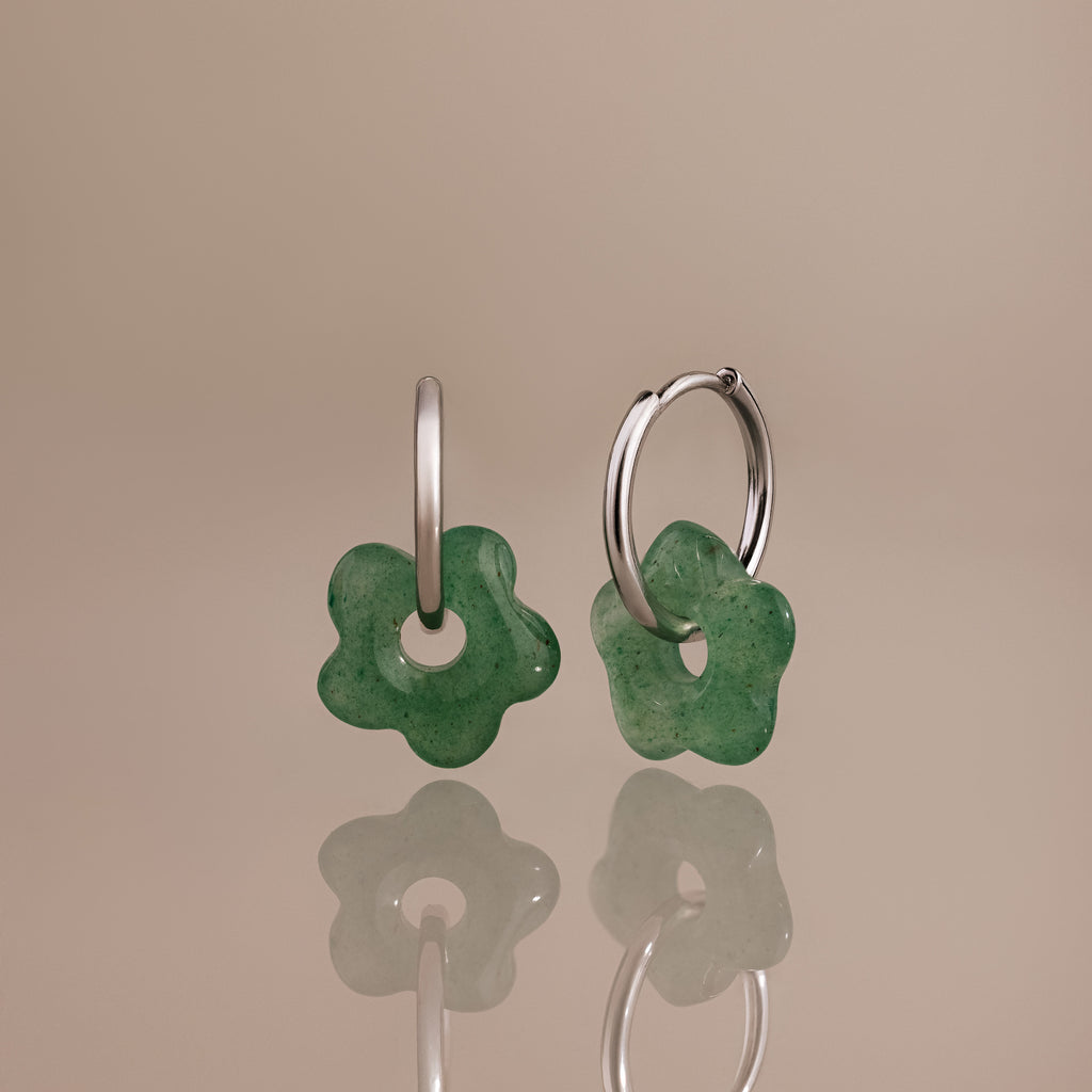 Jade Flower Hoops in Silver