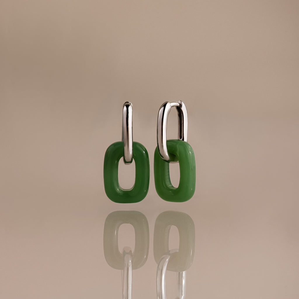 Jade Link Drop Hoops in Silver