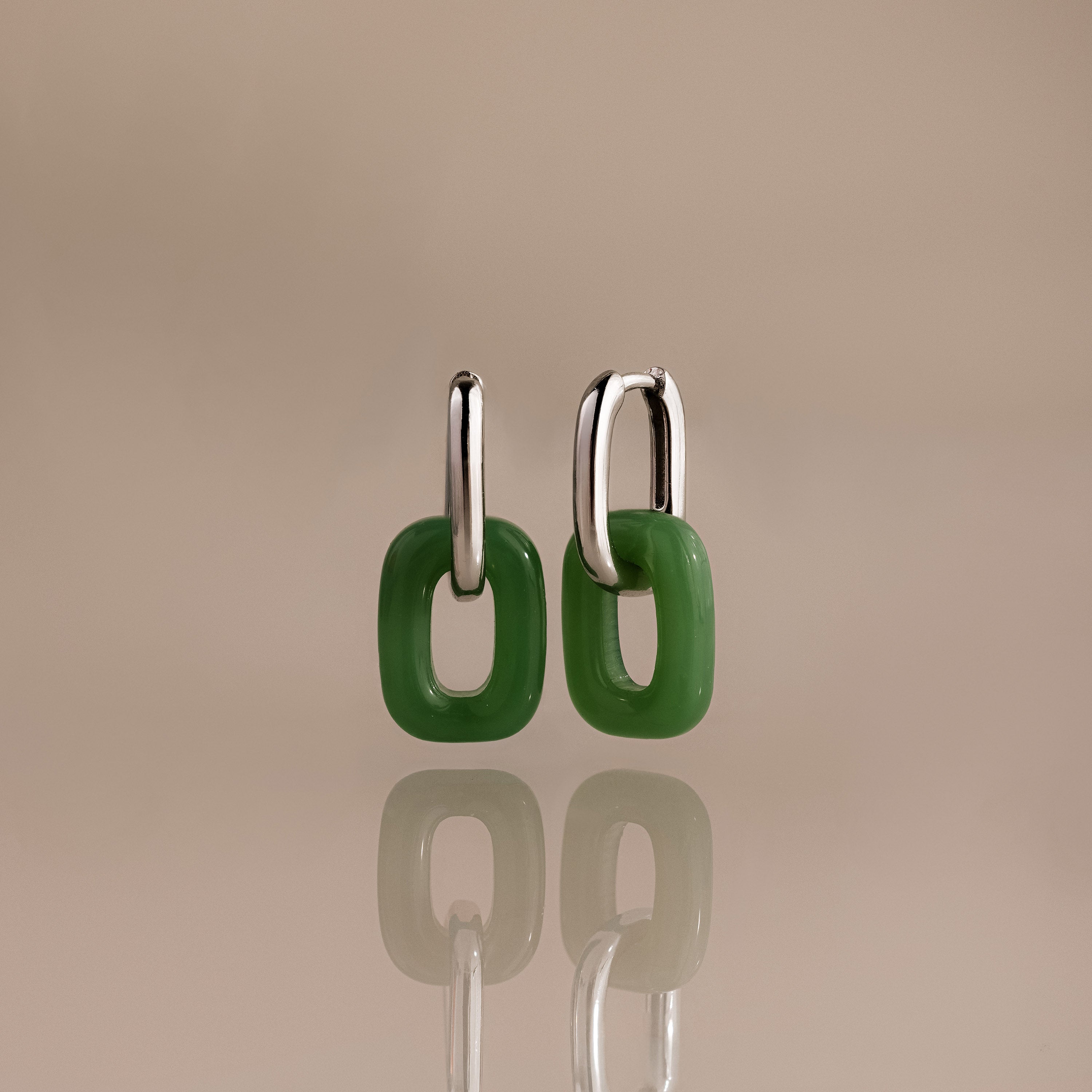 Jade Link Drop Hoops in Silver
