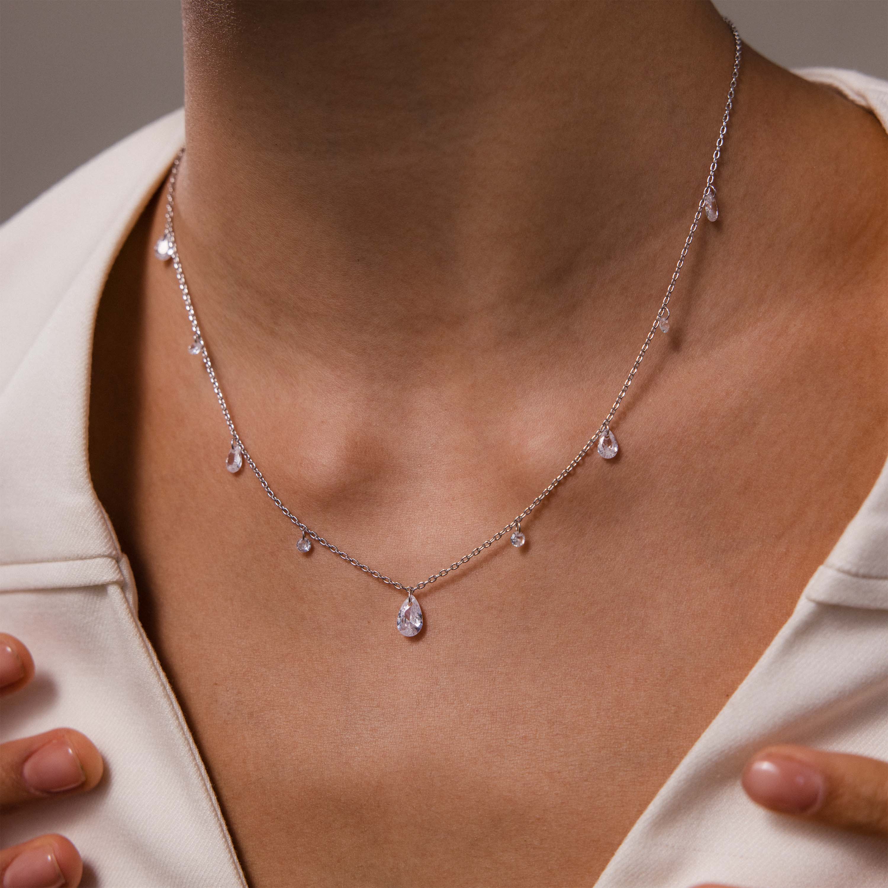 Rain Drop Station Necklace in Silver
