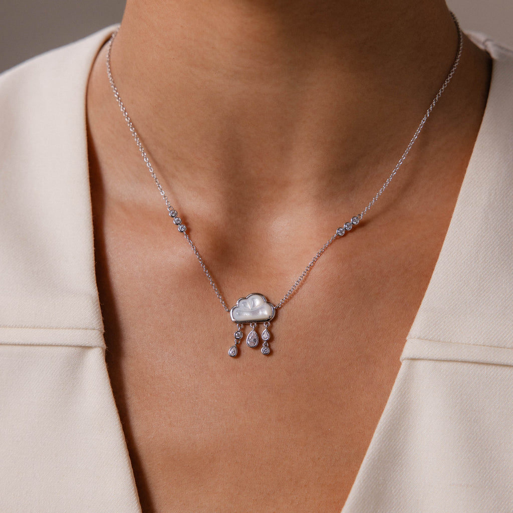 Diamond Pearl Rain Cloud Necklace in Silver