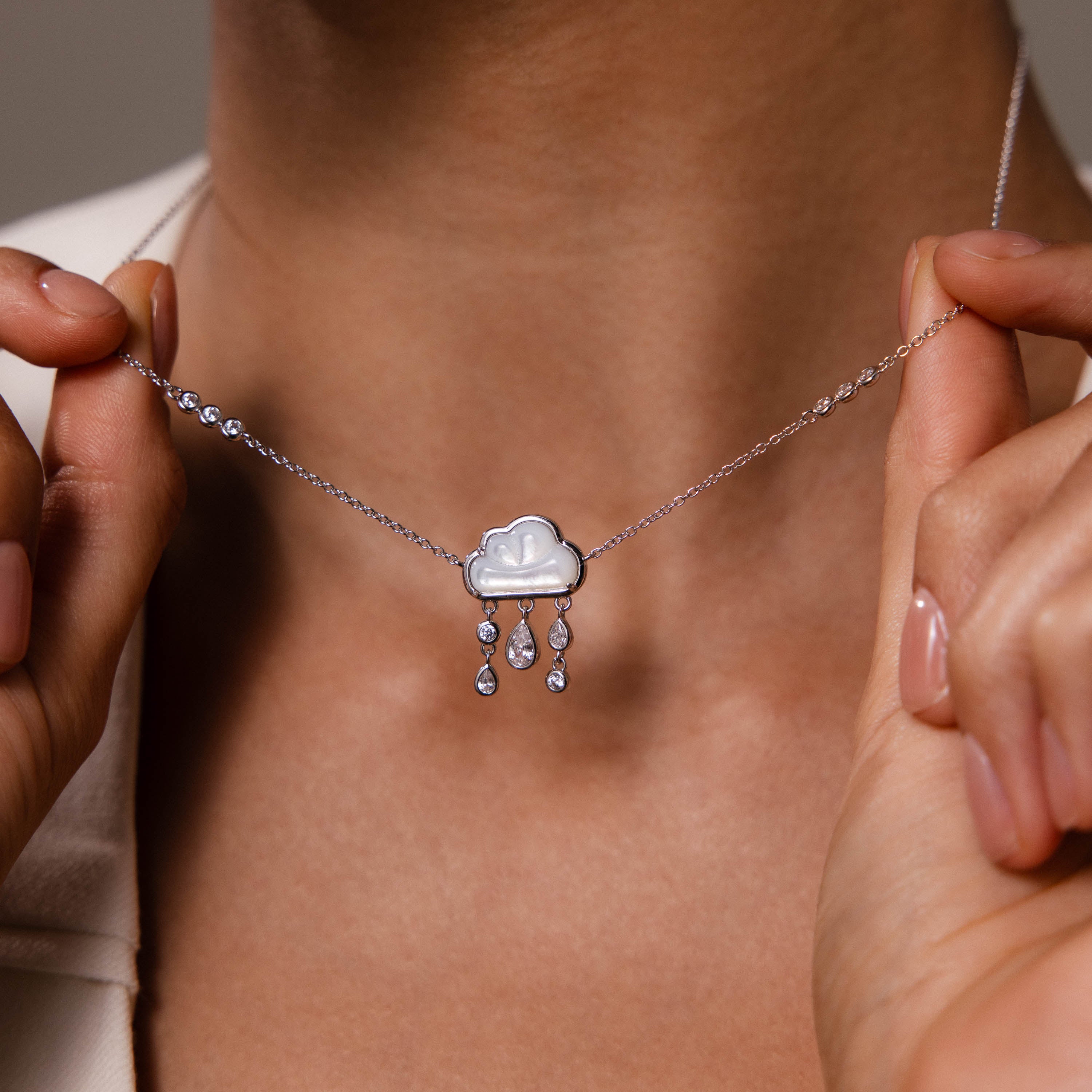 Diamond Pearl Rain Cloud Necklace in Silver
