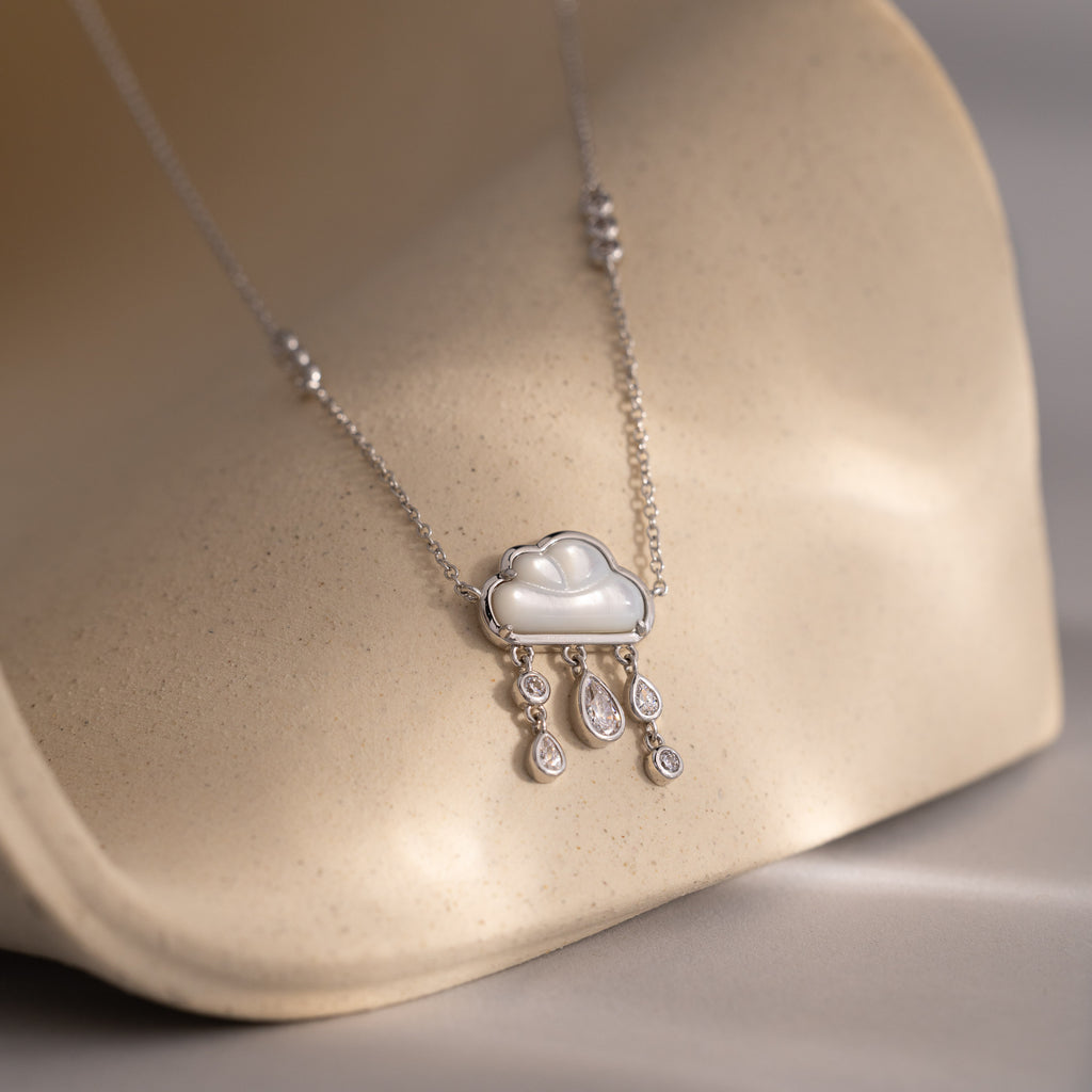 Diamond Pearl Rain Cloud Necklace in Silver