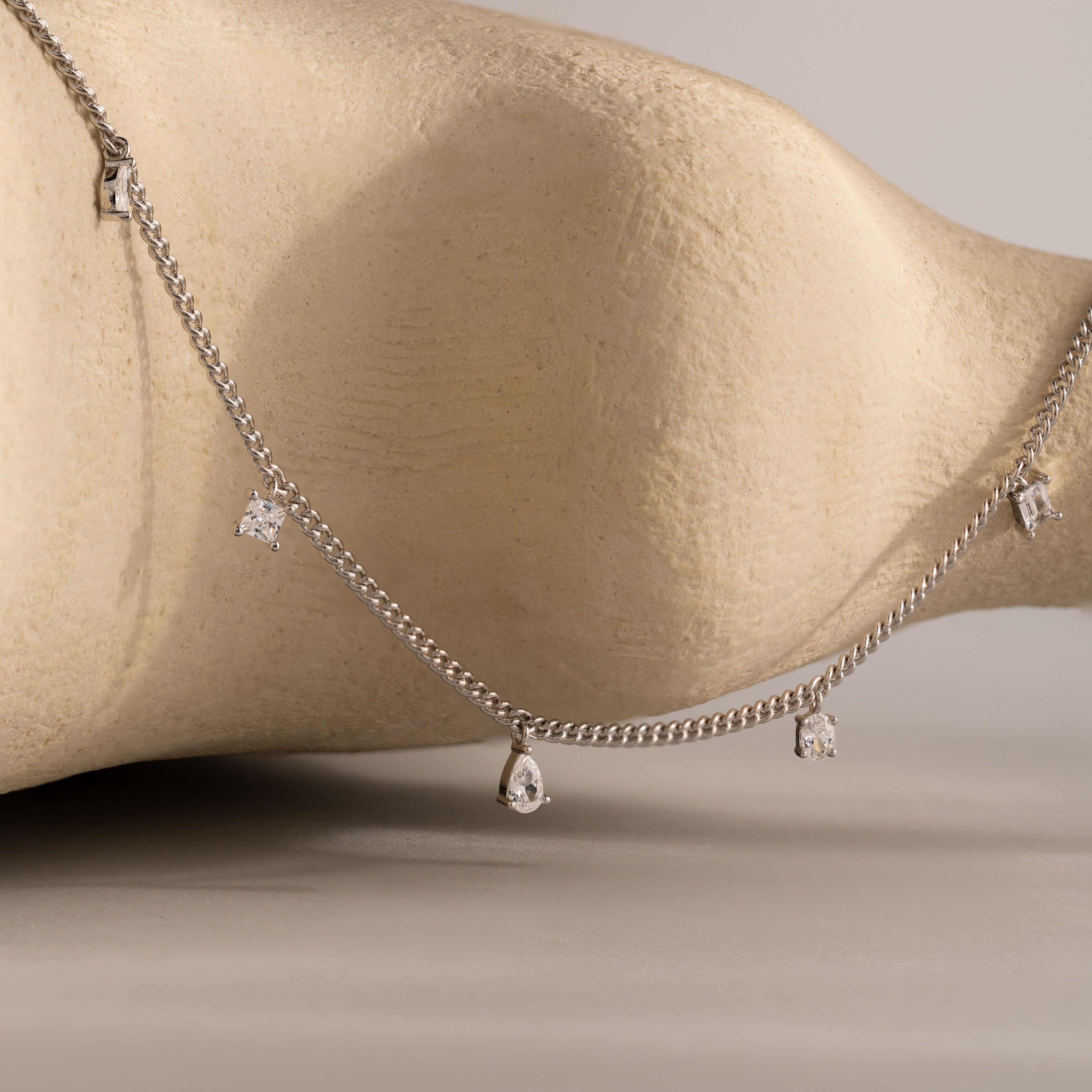Diamond Station Curb Necklace in Silver