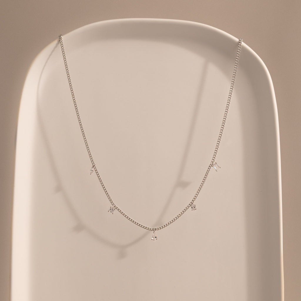 Diamond Station Curb Necklace in Silver
