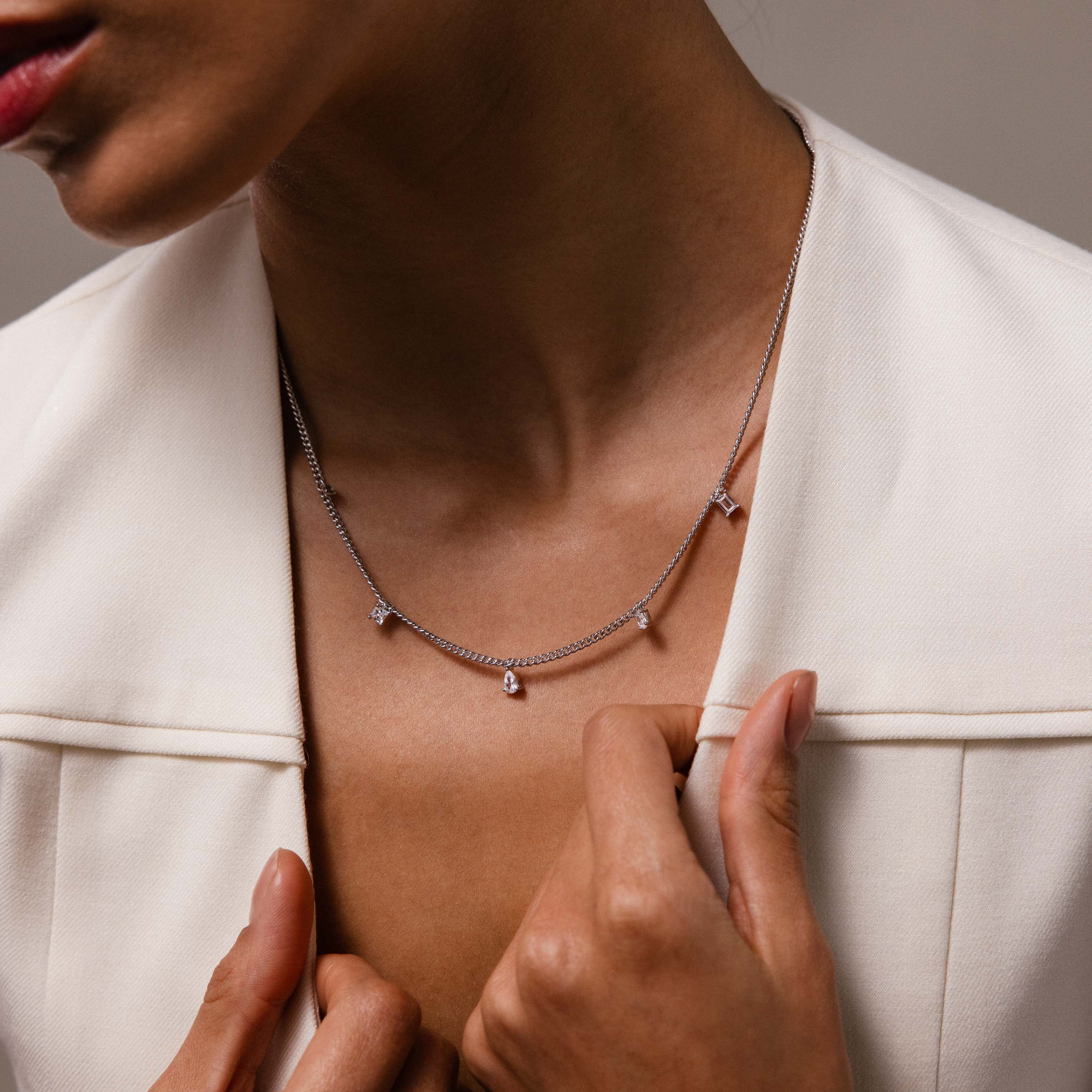 Diamond Station Curb Necklace in Silver